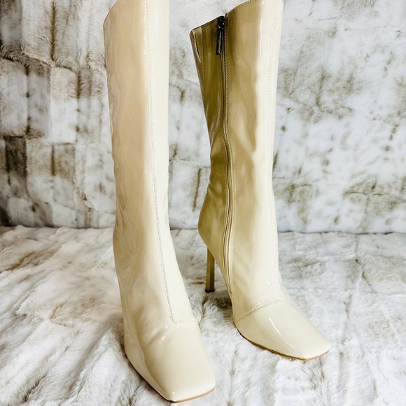 Cape Robbin Off White Mid Calf Square Toe Boots 4" Heels - Picture 5 of 8